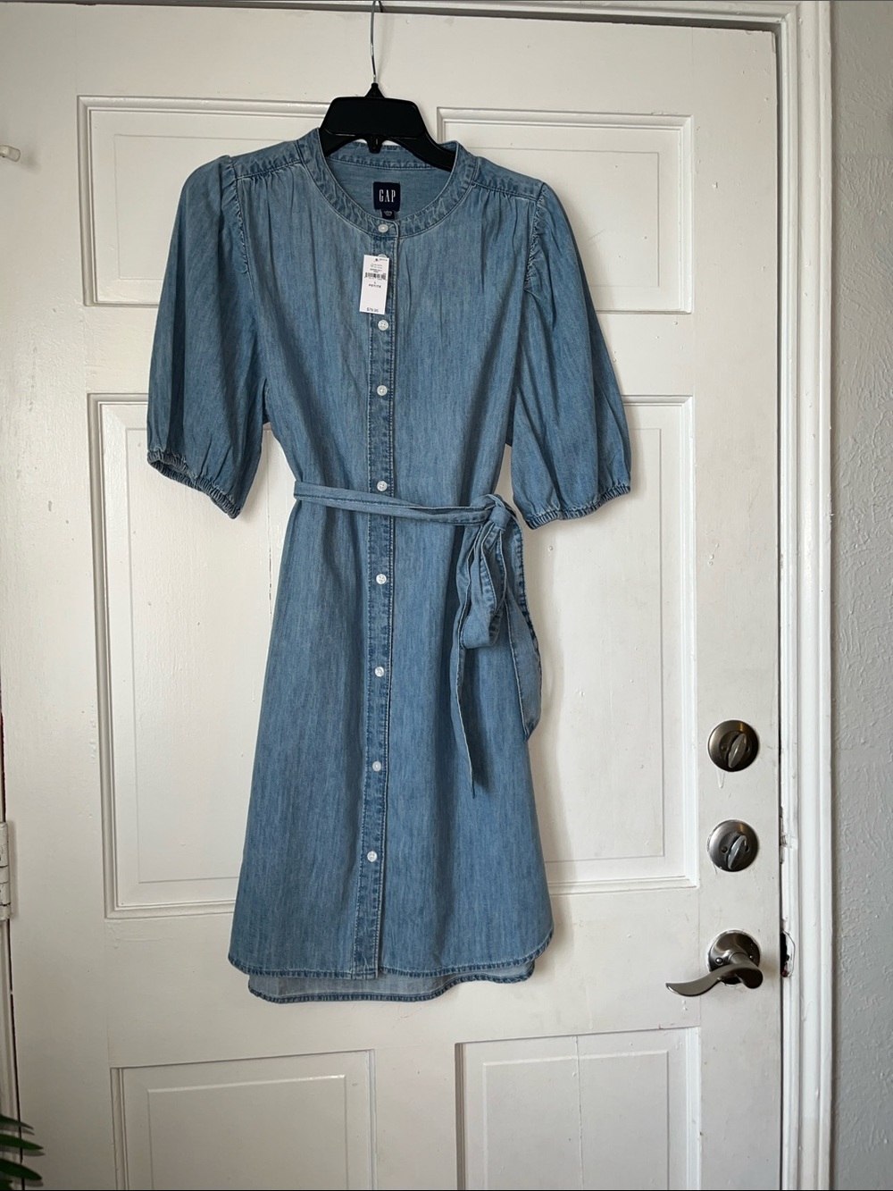 GAP Light Blue Denim Midi Dress with Tie Waist